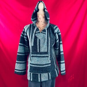 Vintage 80s 90s Blue Baja Hoodie Pullover Striped‎ Boho Surf Skater Hippie